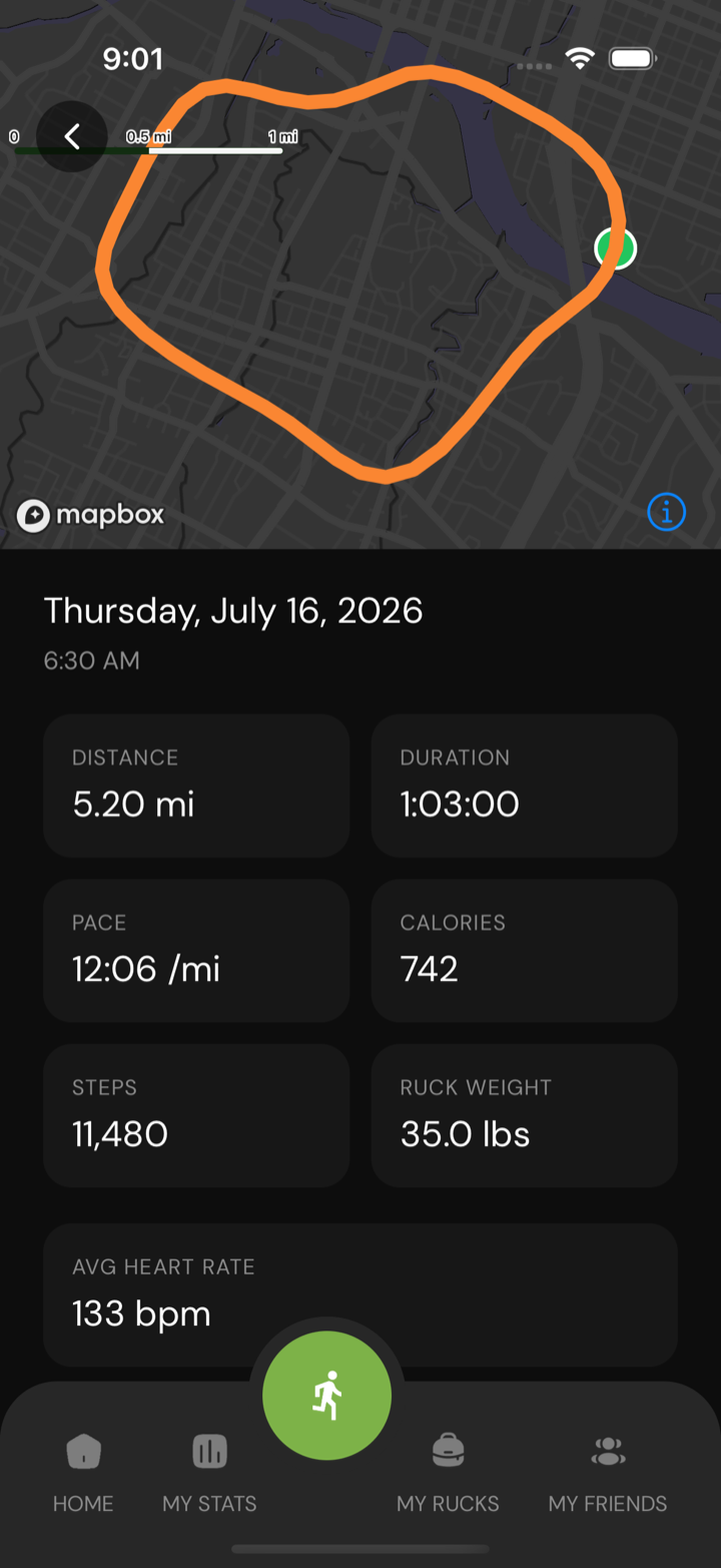 A completed ruck in Ruckus: route map with distance, pace, calories, ruck weight, and average heart rate