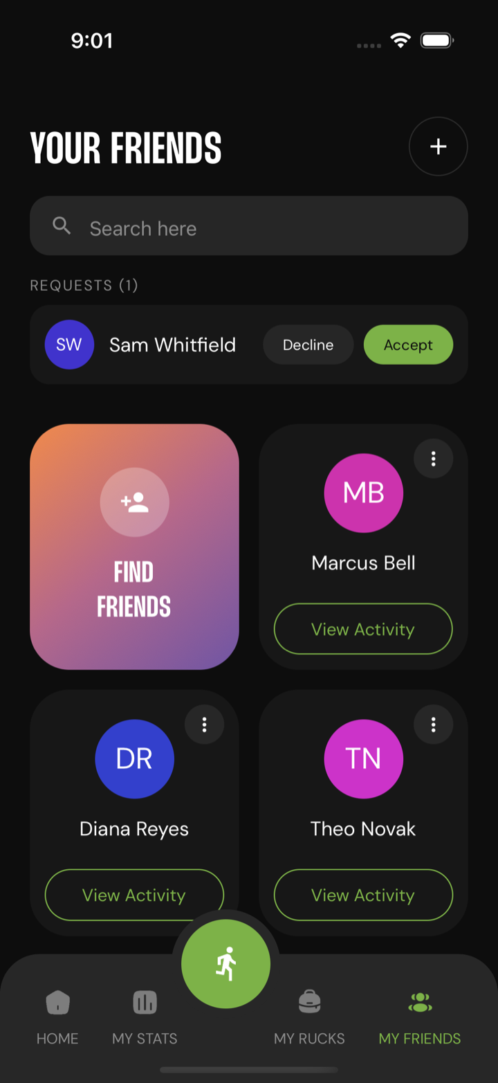 Ruckus friends screen with a friend request and crew members